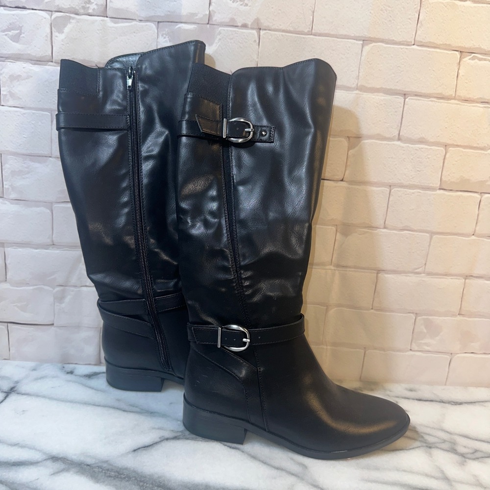 Naturalizer Sahara Black Tall Riding Boots Silver Buckle Women 5.5M Block Heel